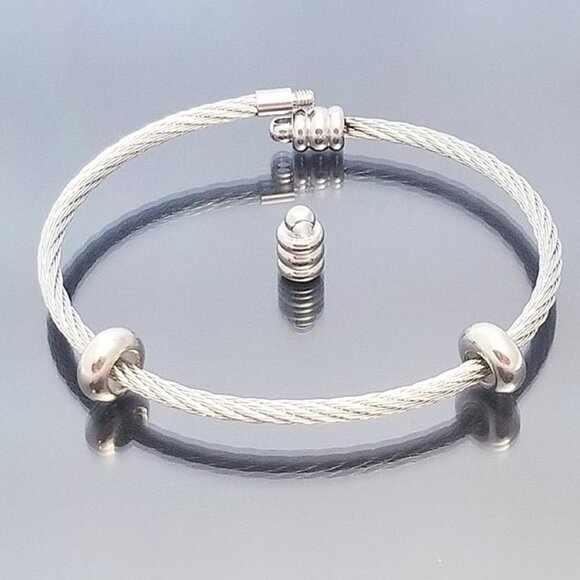 SS Cuff Bangle Bracelet 2 Rubber Stopper Beads / Removeable / Interchangeable - Picture 1 of 4